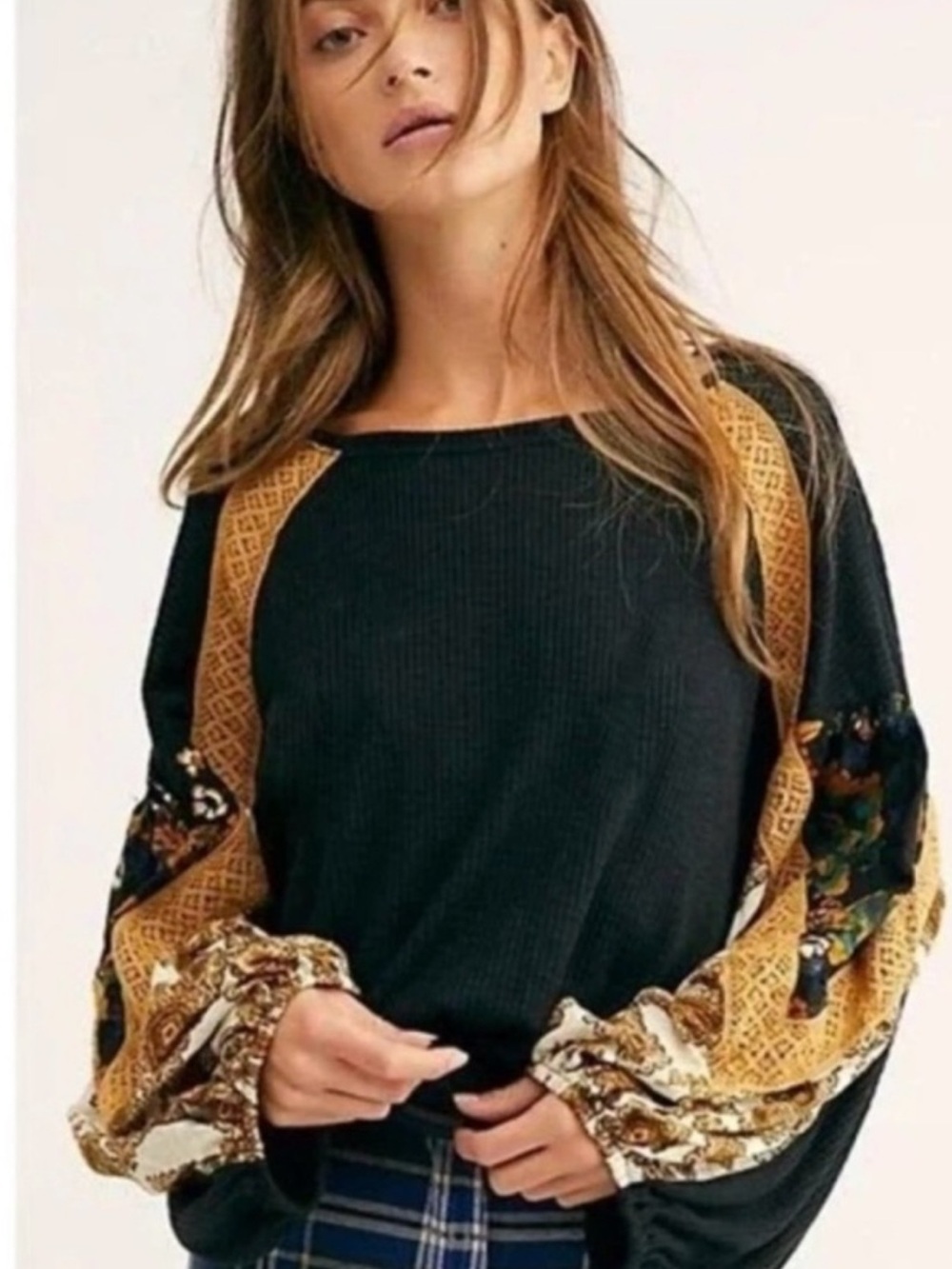 Free People Black Top with Mustard Patchwork Balloon Sleeves